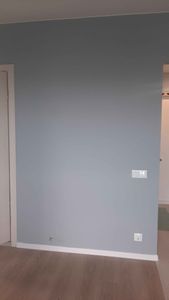 Стены покрыты ровным слоем краски нежного серого оттенка, создавая свежий и аккуратный вид. Поверхность гладкая, без видимых дефектов или неровностей.