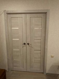 Установлены двустворчатые двери: закреплены петли, врезаны замки, отрегулированы створки, установлены ручки, оформлены наличники, произведена финальная подгонка и проверка функциональности.