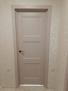 Установлена новая створка, закреплена коробка, отрегулированы петли, врезан замок, прикреплена ручка, завершена отделка наличниками, обеспечена плавная работа, эстетичный вид.