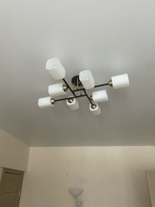 Установлено новое осветительное устройство на потолке, подключены провода, закреплена конструкция, проверена работоспособность. Обновленный интерьер с современным светильником.