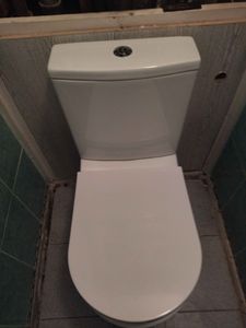 Установлено новое сантехническое оборудование, подключены коммуникации, зафиксировано на полу, проверена герметичность соединений, проведена очистка рабочей зоны, завершён монтаж.