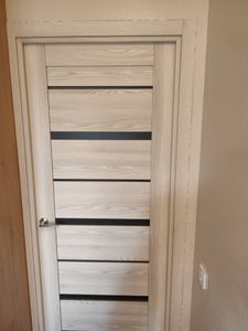 Установлена новая дверь: врезаны петли, закреплена коробка, смонтирована ручка, отрегулировано полотно, выполнена отделка наличниками.