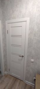 Установлена новая створка, закреплены петли, врезана ручка, отрегулированы зазоры, выполнена отделка наличниками, проверена плавность открывания и закрывания.