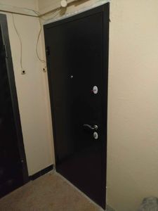 Изображена завершенная установка двери: произведен монтаж, закрепление, регулировка петель, установка ручек и замков. Все элементы надежно зафиксированы, обеспечивая функциональность и безопасность.