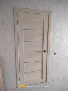 Установлена новая створка, закреплены петли, врезана ручка, отрегулированы зазоры, проверена плавность открывания, закреплён наличник, обеспечена звукоизоляция.