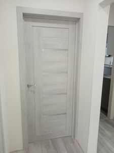 Установлена новая светлая дверь с ручкой, закреплена коробка, отрегулированы петли, добавлены наличники, обеспечена плавная работа.