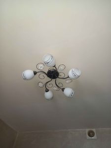 Установлено новое осветительное устройство, подключены провода, закреплена конструкция на потолке, проверена работоспособность, обеспечена безопасность, заменены лампы.