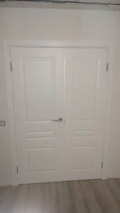 Установлены двойные створки, закреплены петли, врезана ручка, отрегулированы зазоры, проверена плавность открывания, завершена отделка проема, обеспечена надежная фиксация конструкции.