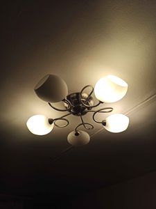 Установлено потолочное освещение: подключены провода, закреплена конструкция, проверена работоспособность, обеспечена безопасность, завершён монтаж, включены лампы, светильник функционирует.