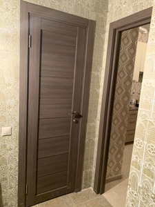 Установлена новая створка, закреплены петли, врезан замок, отрегулирована коробка, добавлены наличники, проведена финишная отделка, проверена плавность открывания и закрывания.