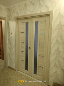 Установлены двустворчатые двери, закреплены петли, отрегулированы створки, добавлены ручки. Проведена подгонка полотен, монтаж коробки, проверка работы механизмов. Завершено оформление проема.