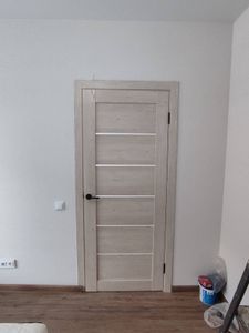 Установлена светлая дверь с ручкой и петлями, закреплена в проеме, отрегулирована по уровню, добавлены наличники, обеспечена плавная работа, завершена отделка.