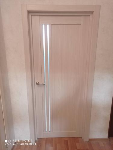 Установлена новая дверь: закреплена коробка, навешено полотно, смонтированы петли, прикручен замок, ручка. Произведена регулировка, проверена плавность закрытия, устранены зазоры.