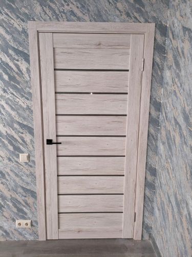 Выполнен монтаж двери: установлены петли, закреплена коробка, навешено полотно, врезан замок, отрегулированы зазоры, проверена плавность хода, обеспечена герметичность прилегания.