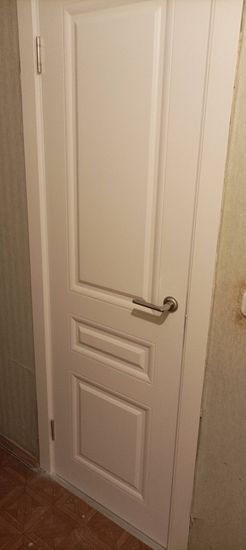 Установлена новая деревянная створка, закреплены петли, врезана ручка, отрегулированы зазоры, проверена плавность открывания и закрывания, завершена отделка проема.