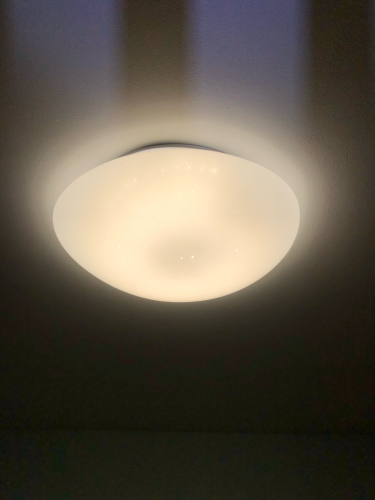 Установлен потолочный светильник с люминесцентными лампами, обеспечивающий равномерное освещение. Проведены работы по монтажу и подключению, проверена исправность и безопасность конструкции.