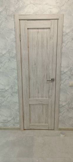 Установлена новая створка, закреплены петли, врезана ручка, отрегулированы зазоры, произведена подгонка коробки, проверена плавность открывания, завершена отделка наличников.