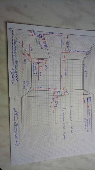 Выполнены точные измерения помещения, составлена схема с указанием всех размеров и деталей. Чертеж содержит данные для установки, включая расстояния и углы.