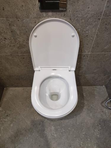 Установлен подвесной унитаз: закреплена рама, подключены коммуникации, смонтирована кнопка смыва, выполнена облицовка плиткой, проверена герметичность и функциональность системы.