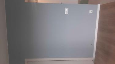 Стены покрыты ровным слоем краски нежного серого оттенка, создавая свежий и аккуратный вид. Поверхность гладкая, без видимых дефектов или неровностей.