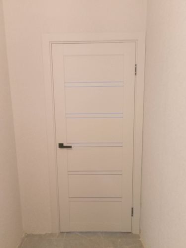 Установлена новая деревянная дверь с петлями и ручкой. Проведены работы по монтажу коробки и наличников. Все элементы аккуратно подогнаны и закреплены.