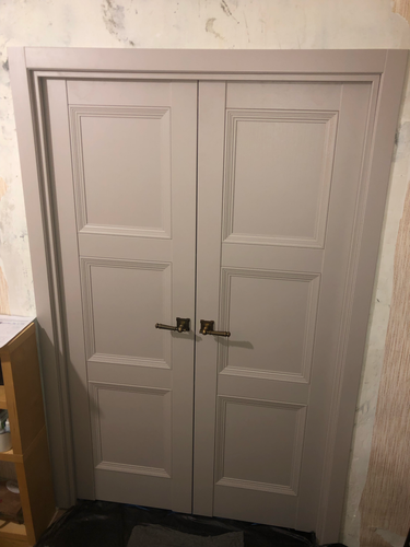 Установлены двустворчатые двери: закреплены петли, врезаны замки, отрегулированы створки, выполнена отделка проема, установлены ручки, проверена плавность хода, завершены отделочные работы.