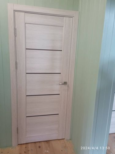 Установлена новая створка, закреплены петли, врезана ручка, отрегулированы зазоры, проверена плавность хода, выполнена отделка наличниками, обеспечена надежная фиксация в проеме.