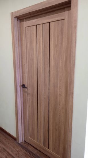 Произведена установка дверного полотна с петельной фиксацией, монтаж коробки, закрепление наличников, врезка замка и ручки. Все элементы выровнены и надежно закреплены.