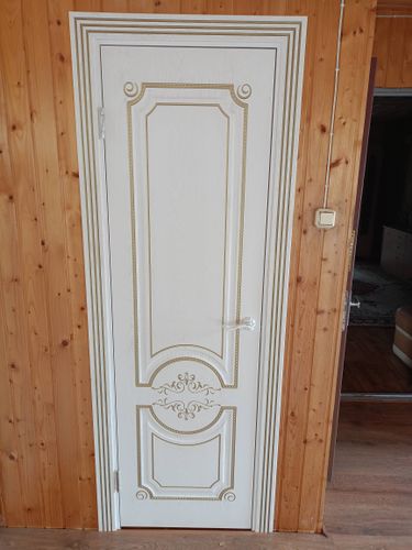 Установлена новая дверь с петлями и ручкой, выполнена подгонка полотна, закреплён наличник, произведена регулировка замка, обеспечена плавная работа, завершена отделка проёма.