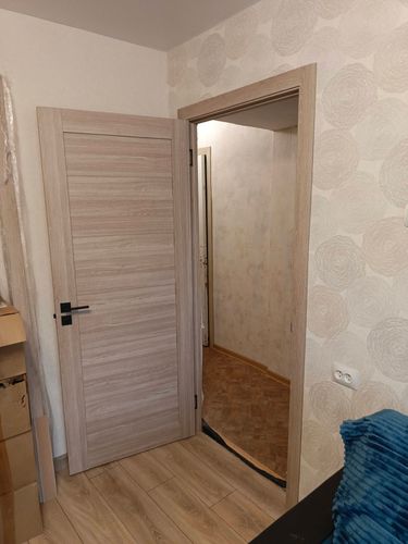 Установлена новая деревянная дверь с петлями и ручкой. Проведена подгонка полотна в проем, закреплены наличники. Обеспечена плавная работа механизма, проверена надежность конструкции.