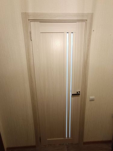 Установлена новая створка, закреплены петли, врезан замок, отрегулирована фурнитура, смонтирован наличник, проверена плавность хода, устранены зазоры, обеспечена герметичность, завершена отделка.