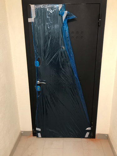 Установлена металлическая дверь, закреплена в проеме, навешены петли, врезан замок, прикреплены ручки, проведена регулировка, проверена работоспособность, удалена защитная пленка.