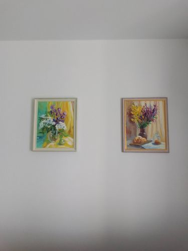 На стене закреплены два ярких полотна в рамах. Композиция завершена, картины висят ровно, создавая уютную атмосферу в помещении.