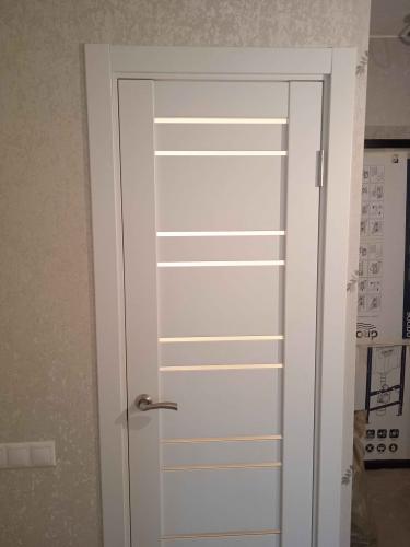 Установлена новая створка, закреплены петли, врезана ручка, отрегулированы зазоры, смонтирован наличник, проверена плавность хода, обеспечена надежная фиксация, завершена отделка проема.