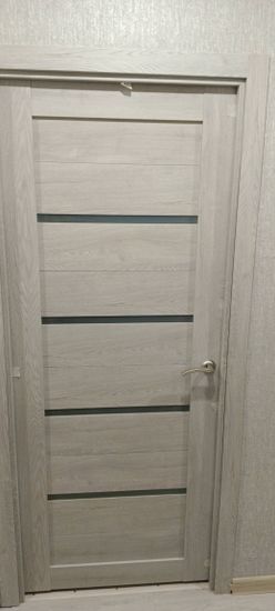 Установлена новая створка, закреплены петли, врезан замок, прикреплена ручка, отрегулированы зазоры, смонтирован наличник, проверена плавность открывания, завершены отделочные работы.