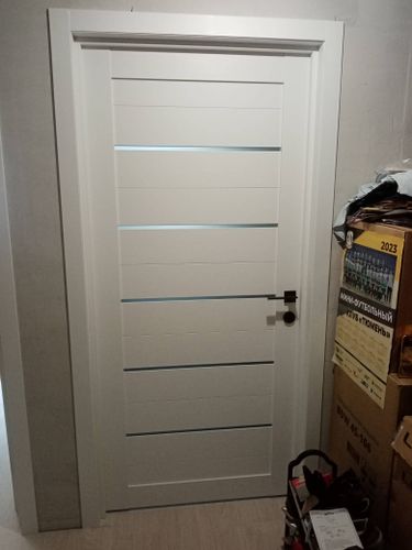 Установлена новая белая дверь с горизонтальными вставками, врезана ручка, закреплён наличник, отрегулированы петли для плавного открывания, обеспечена звукоизоляция.