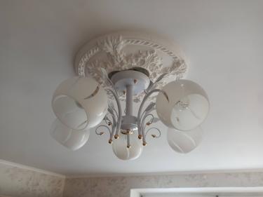 Установлен потолочный светильник с люминесцентными лампами, закреплён на декоративной розетке. Проведено подключение к электросети, проверена работоспособность, обеспечена надежная фиксация.