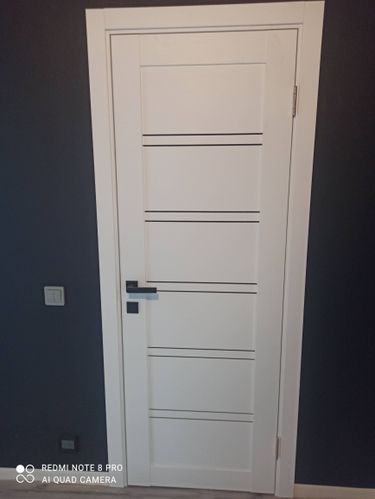 Установлена новая дверь: закреплены петли, врезан замок, отрегулирована коробка, смонтирован наличник, проверена плавность закрытия. Работа завершена, конструкция функционирует безупречно.