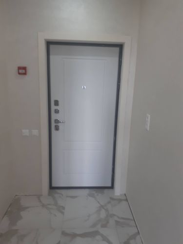 Установлена новая дверь, закреплена в проеме, отрегулированы петли, обеспечена плавная работа замка, добавлены наличники для завершения внешнего вида.