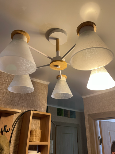 Установлено осветительное устройство на потолок, подключены провода, закреплены крепежи, проверена работа ламп, обеспечена надежность конструкции, завершен монтаж, светильник функционирует.