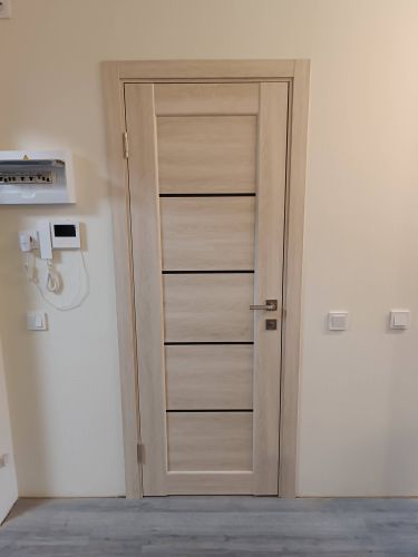 Установлена новая дверь: закреплены петли, врезан замок, ручка на месте. Коробка выровнена, наличники прикреплены. Все элементы аккуратно подогнаны, конструкция функционирует плавно.