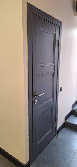 Установлена новая дверь с петлями, ручкой и замком. Проведена регулировка конструкции, обеспечена плавная работа. Оформлены откосы, зазоры устранены, внешний вид аккуратный и завершённый.