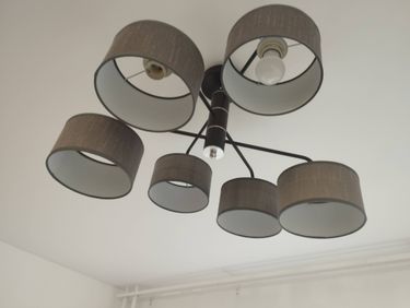 Установлено новое осветительное устройство на потолок, подключены провода, проверена работоспособность, закреплены крепления, заменены лампы, обеспечена безопасность, завершена проверка.