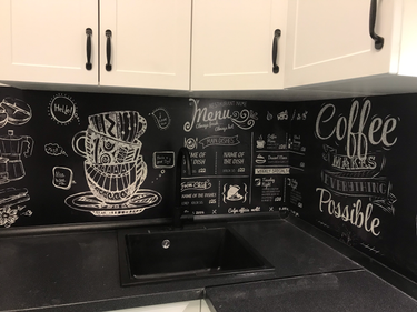 Установлены шкафы, закреплены ручки, смонтирована столешница, подключена мойка, оформлен фартук с рисунком, проверена функциональность всех элементов.