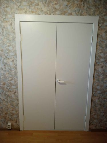 Установлены двойные створки, закреплены петли, врезана ручка, выровнена коробка, выполнена отделка проема, обеспечена плавная работа, проверена герметичность, завершены отделочные работы.