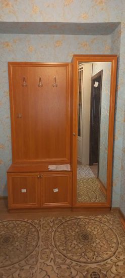 Собран шкаф с зеркалом, установлены дверцы, закреплены крючки для одежды. Все элементы соединены, конструкция устойчива, функциональна, готова к использованию в детской комнате.