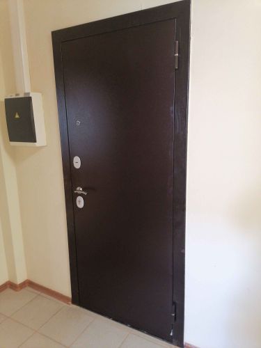 Установлена новая металлическая дверь, произведено закрепление в проеме, отрегулированы петли, проверена работа замков, выполнена герметизация швов, обеспечена надежная защита и функциональность.