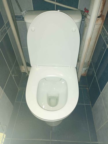 Установлен новый напольный унитаз, подключен к водопроводу и канализации, проверена герметичность соединений, закреплен на плитке, выполнена регулировка бачка, проверена работоспособность.