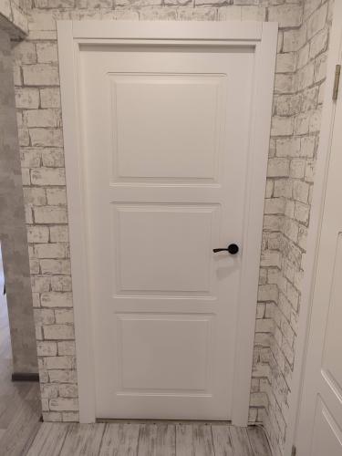 Установлена новая межкомнатная дверь с ручкой и петлями, выполнена подгонка по размеру проема, закреплены наличники, обеспечена плавная работа конструкции.