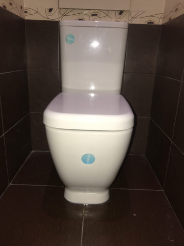 Установлен подвесной унитаз с креплением к стене, подключены водопровод и канализация, проверена герметичность соединений, выполнена облицовка плиткой, проведена регулировка системы слива.